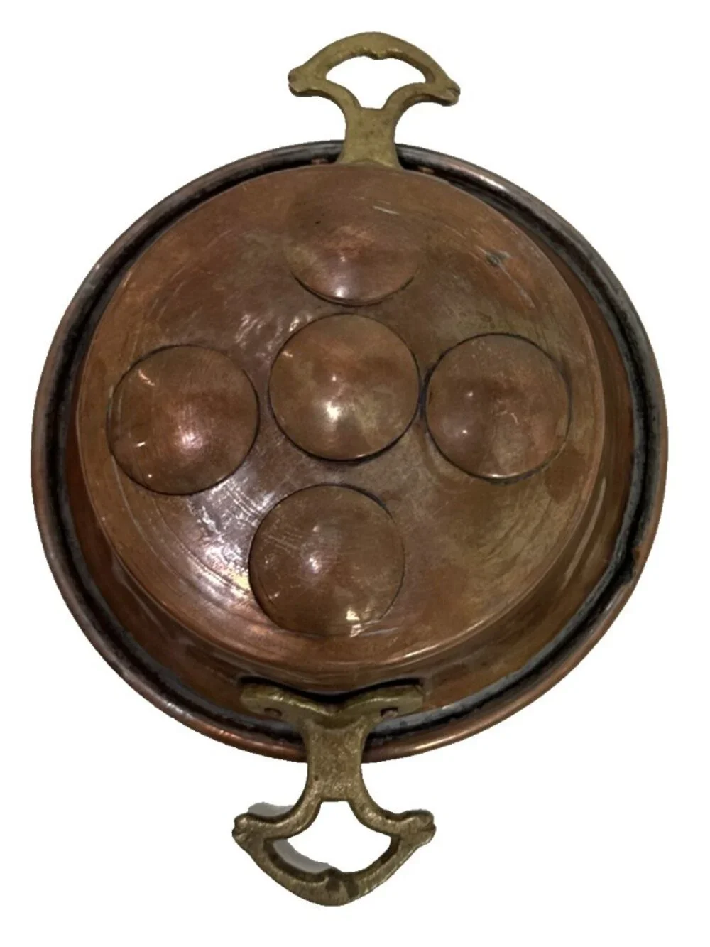 Antique French Copper Brass Handled Egg Poacher Escargot Pan 5 Hole